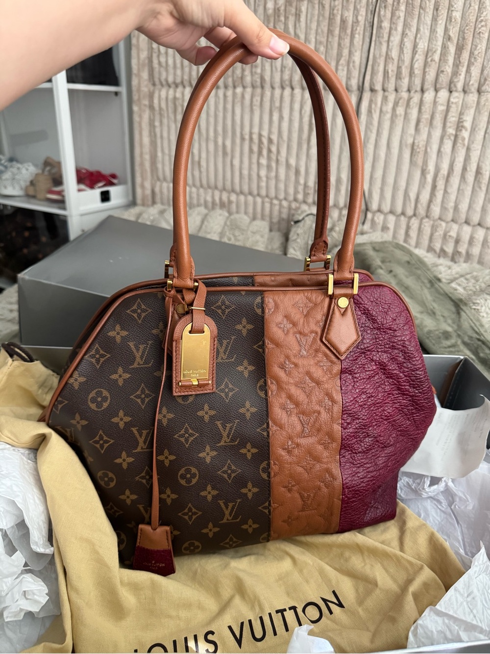Louis Vuitton Brown, Tan & Burgundy Panelled Monogram Satchel
